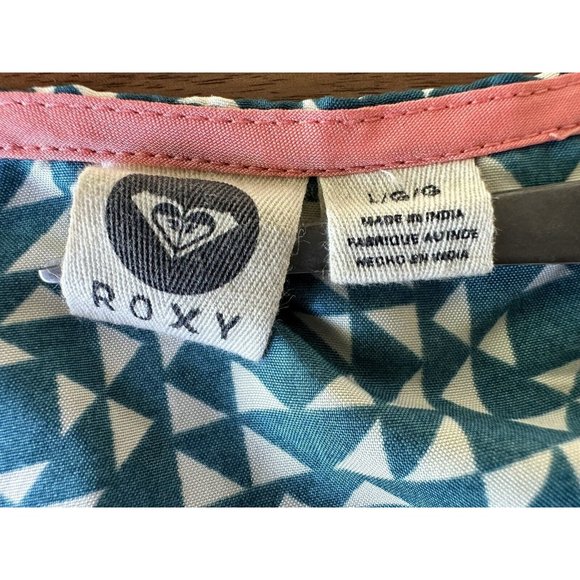Roxy Skater Dress Size L Junior Turquoise White Geometric Print Peach Accent - Picture 7 of 9